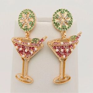 Martini Glass Multicolor Crystal Dangle Drop Earrings Faux Pearl Gold Tone